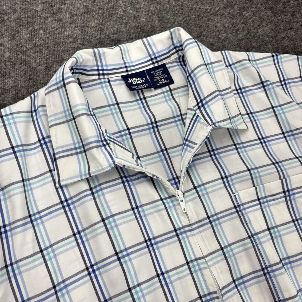 John Blair Men’s XL Full Zip Plaid Shirt Jacket Short Sleeve Elastic Waist Blue